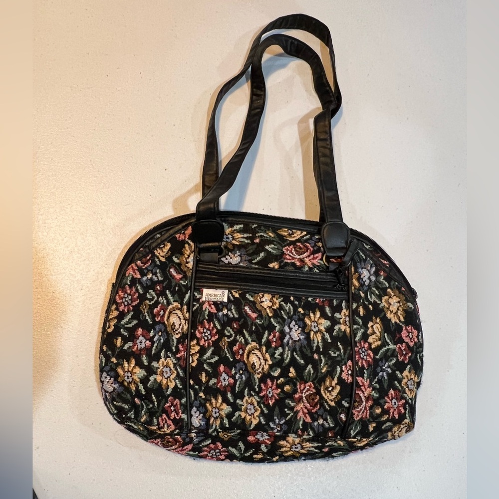 👜 Vintage 80s Floral Black and Multicolor Women's Bag